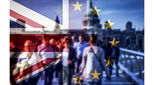 Brexit concept - double exposure of flags and people walking on Millennium Bridge
