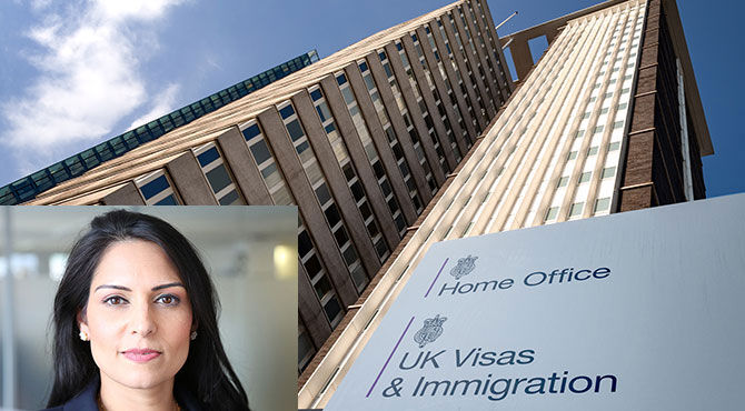 A photo of UK Home Secretary, Priti Patel, superimposed over an image of the UK Home Office headquarters in Croydon England