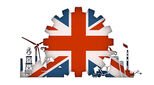 Union Jack flag with illustrations of British industry
