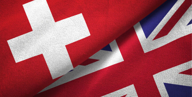 United Kingdom and Switzerland flag together relations textile cloth fabric texture