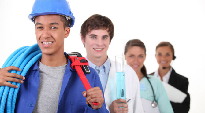 Young people in various work uniforms