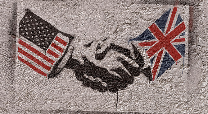 US and UK handshake illustration with union jack and stars and stripes flags