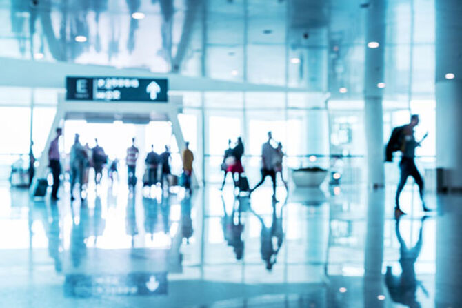 An interior scene at a busy airport