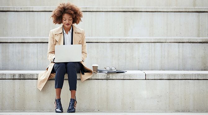 Business woman works on steps