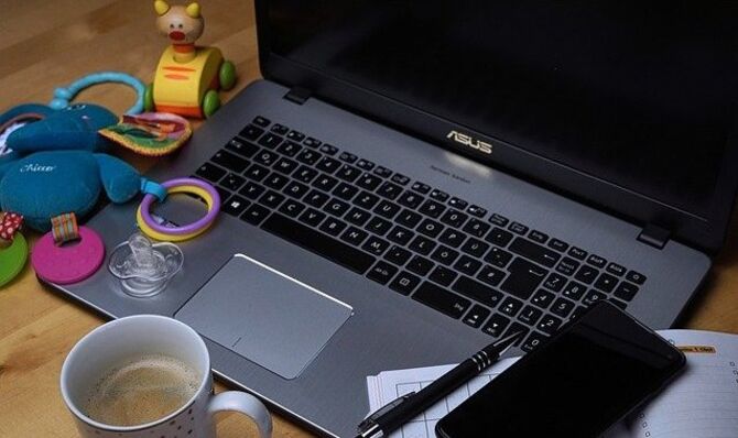 Work life balance laptop and toys